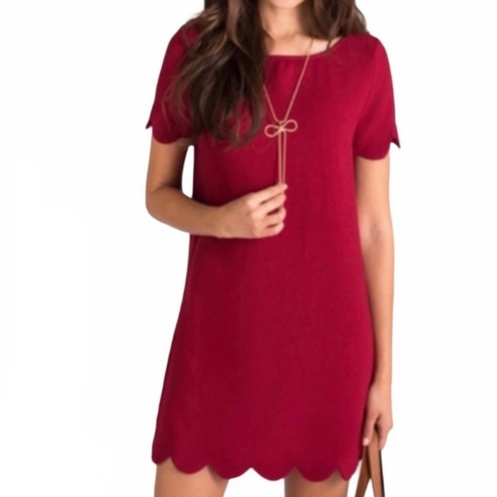 Monteau Red Scallop Hem Short Sleeve Shift Dress Women's Size Medium Pullover